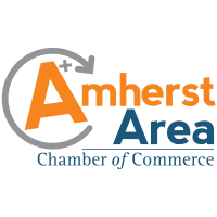 Amherst Area Chamber of Commerce orange, grey, and blue badge.